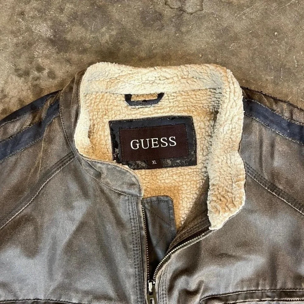 Guess Mens Faux Leather Sherpa Lined Bomber Jacket Brown XL‎ Moto Racing Stripe